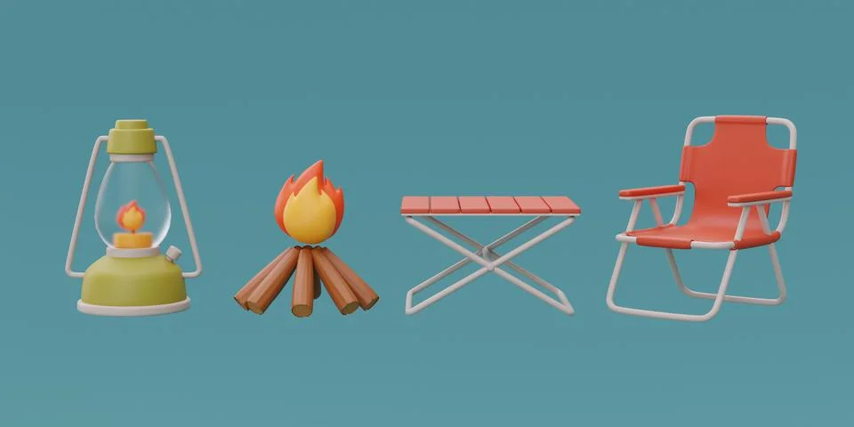 Set of elements for camping with folding camping chair, campfire and lantern, Stock Illustration