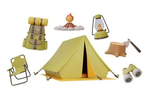 Set of elements for Camping, tant, backpack, folding chair, campfire, lantern Stock Illustration