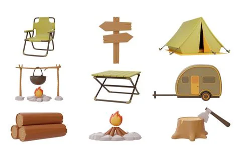 Set of elements for Camping, tant, folding chair, table, campfire, stump, sig Stock Illustration