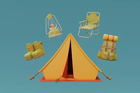 Set of elements for camping with Tourist camping tent, backpack, folding chai Illustrazione stock