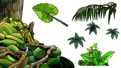Set of elements of cartoon plants of leaves of roots Stock Illustration