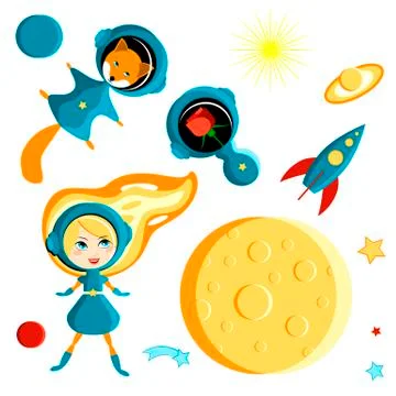 Set of elements for children - a girl, a fox and a rose in space. Cartoon sty 스톡 일러스트