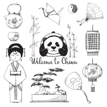 Set of elements of Chinese culture. Vector illustration in sketch style. Stock Illustration