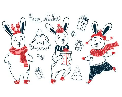 Set of elements for Christmas character design. New Years bunny ice skating with Stock Illustration