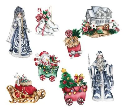 Set of elements for Christmas. Christmas sledges, skates, wagons house Sant.. Illustrazione stock