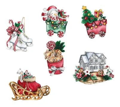 Set of elements for Christmas. Christmas sledges, skates, wagons house .Water Stock Illustration