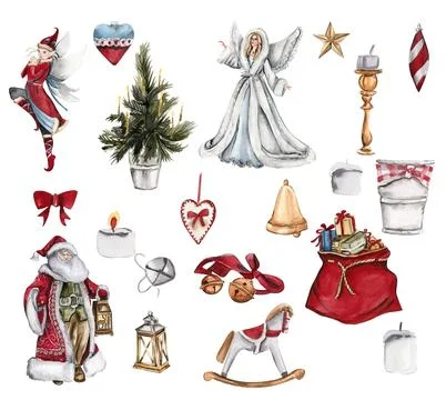 Set of elements for Christmas. Christmas tree, red bag with presents, angel.. Illustrazione stock