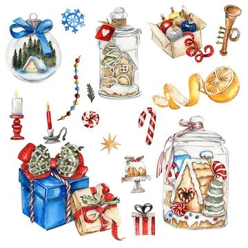 Set of elements for Christmas. Gift boxes, candle, cake, cookies, lemon. Wa.. Stock Illustration