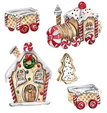 Set of elements for Christmas. Gifts, cupcake, cake, cookies, fir branches... Stockillustratie