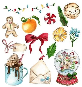 Set of elements for Christmas. Gifts, cupcake, cake, cookies, fir branches... 스톡 일러스트