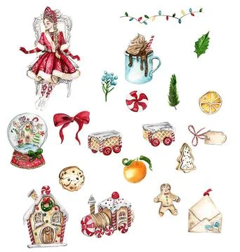 Set of elements for Christmas. Toys, branches, cake. Watercolor hand drawn .. Stock Illustration