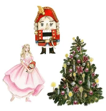 Set of elements for Christmas. Tree toys, girl, nutcracker, new year tree ... Stock Illustration