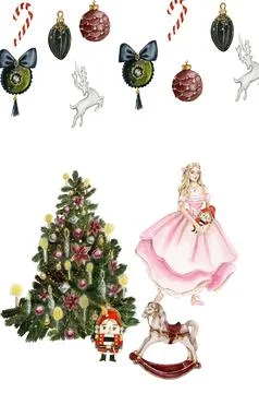 Set of elements for Christmas. Tree toys, girl, nutcracker, new year tree ... Stock Illustration