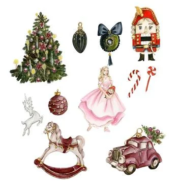 Set of elements for Christmas. Tree toys, girl, nutcracker, new year tree .Wa Illustrazione stock