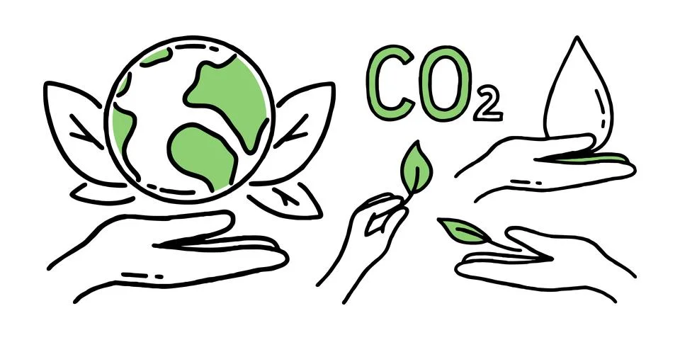 Set of elements Co2 climate change concept green energy Vector isolated doodl 스톡 일러스트
