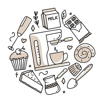 A set of elements for a coffee shop To use for posters banners postcards and Ilustración de archivo