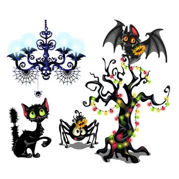 Set of elements to create poster on theme of Halloween holiday party. Cute bat Stock Illustration