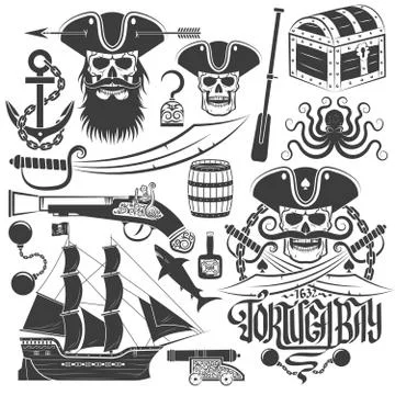 Set of elements for creating pirate logo or tattoo. Illustrazione stock