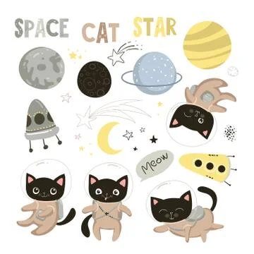 Set of elements with cute cats astronauts in helmets, lettering and planets for Stock Illustration