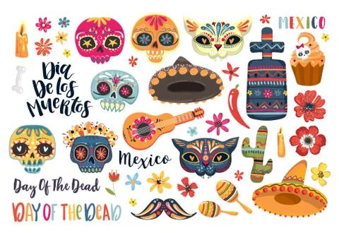 Set of elements for Day of the Dead. Dia de los Muertos tramslate - Day of the Stock Illustration