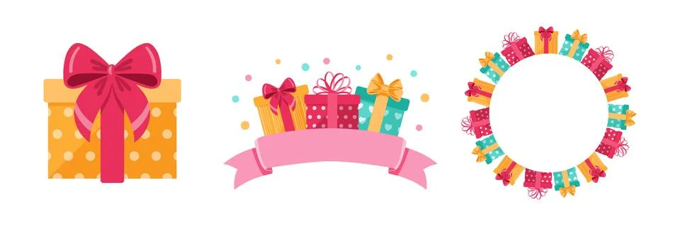Set of elements for decoration. Gifts, frames, ribbons. イラスト素材