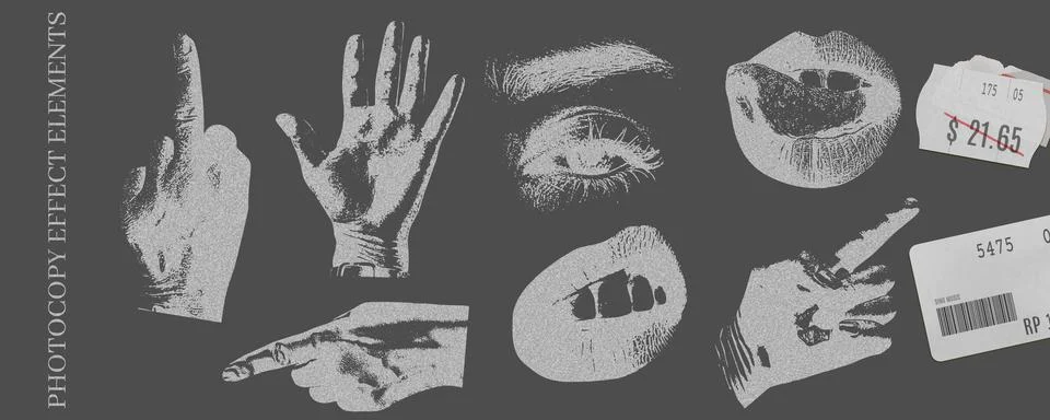 Set of elements demonstrating photocopy effect with eyes, lips, hands and price Illustrazione stock