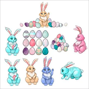 Set of elements for design congratulations for Easter. Easter bunnies characters Illustrazione stock