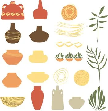 Set of elements for design in terracotta color-vase and plants. Stock Illustration