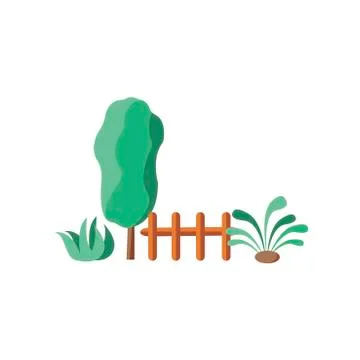 A set of elements for design. Trees, bushes and plants near a small village f Stock Illustration