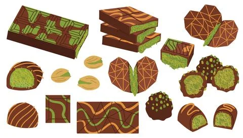 Set of elements with Dubai chocolate and candies with pistachio in flat car.. イラスト素材