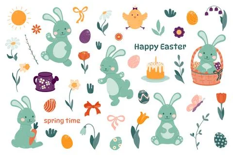 Set of elements for Easter design. Eggs, bunnies, chicken, butterfly, flowe.. Stock Illustration