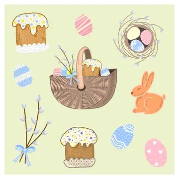 Set of elements for Easter: Easter basket, rabbit and eggs, willow branches Illustrazione stock