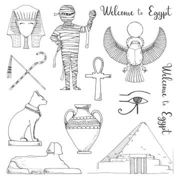 Set of elements of Egyptian culture. Vector illustration in sketch style. Stock Illustration