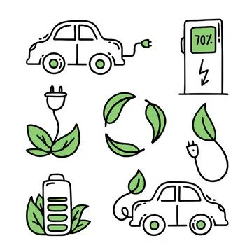 Set elements Electric car. Electric refueling. Co2 climate change concept gre Stock Illustration