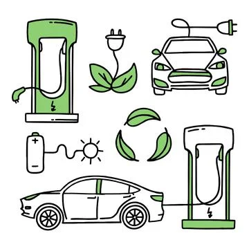 Set elements Electric car. Electric refueling. Co2 climate change concept gre Stock Illustration
