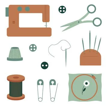 Set of elements for embroidery and sewing. Tools for sewing clothes. Craft and Ilustración de archivo