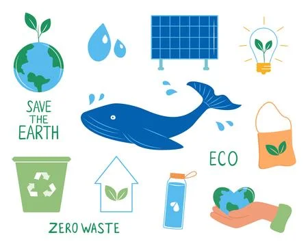 Set of elements of environmental problem, green energy saving Illustrazione stock