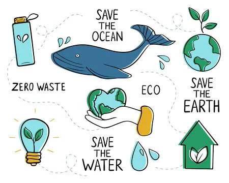 Set of elements of environmental problem, green energy saving Stock Illustration