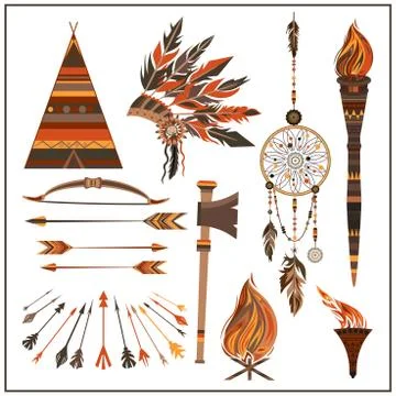 Set elements ethnic style beads, wigwam, fire, tomahawk, torch Illustrazione stock