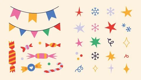 Set of elements for festive decoration such as garlands, stars, sparkles, s.. Stock Illustration
