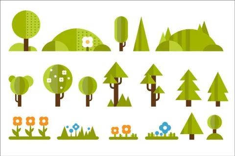Set of elements for forest landscape: green trees, bushes, fir-trees, blooming Illustrazione stock