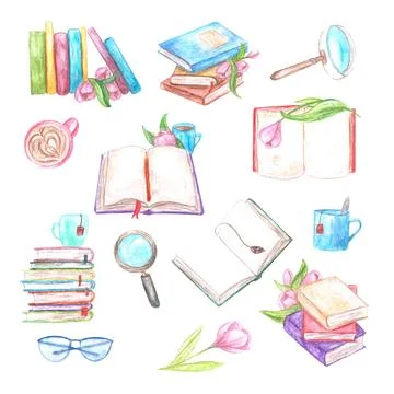 A set of elements - furnaces and open books with flowers, coffee, tea mugs Stock Illustration