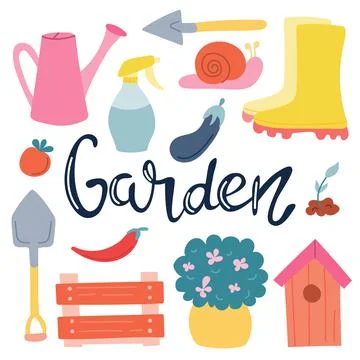 A set of elements, garden items with hand lettering on a white background. Stock Illustration