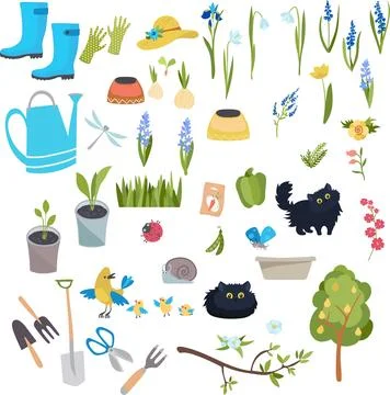 Set of elements gardening, spring planting, spring flowers, gardening tools. Stock Illustration