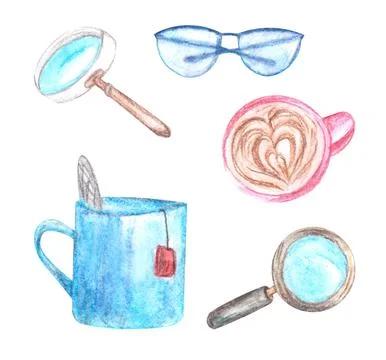 A set of elements - glasses, magnifying glass, cups with drinks painted in Illustrazione stock