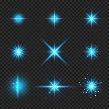Set of elements glowing blue light burst rays,, stars bursts with sparkles is Stock Illustration