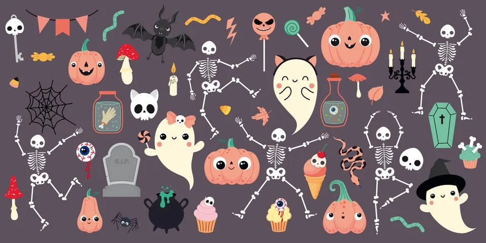 Set of elements for Halloween with cute characters イラスト素材