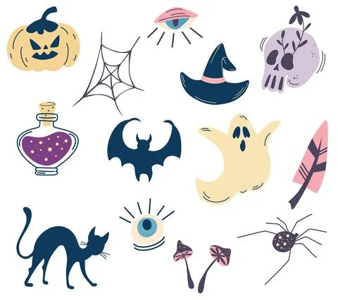 Set of elements for Halloween. Skulls, potion, spider, cat, ghost, eye, mushr Stock Illustration