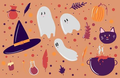Set of elements for Halloween, a witch's hat, cute ghosts, a witch's cauldron Stock Illustration