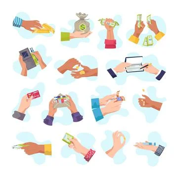 Set elements, hands holding money, vector illustration. Person charcater use Illustrazione stock